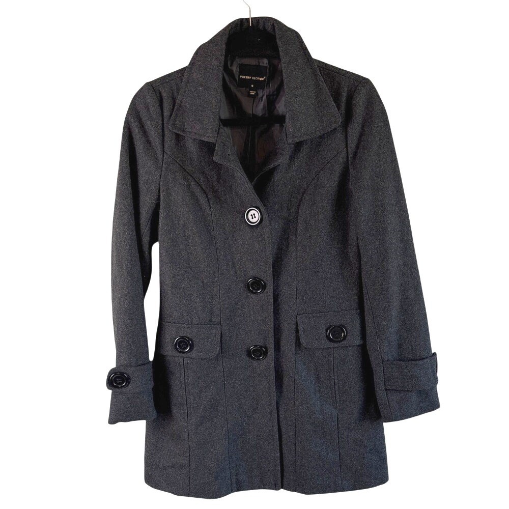 Charcoal Women's Peacoat with Notch Collar Wool Blend S